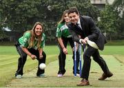 17 September 2014; Irish cricket has been given a multi-million Euro boost thanks to a 10-year sponsorship deal with Indian conglomerate Shanpoorji Pallonji Group. The multinational Indian conglomerate is investing in the future of Irish cricket and will take up naming rights for Cricket Ireland Academy which will now be known as &quot;Shapoorji Pallonji Cricket Ireland Academy&quot;. In addition to holding the naming rights to the Cricket Ireland Academy, Shapoorji Pallonji will also become an official partner of Cricket Ireland. Pictured at the announcement are Minister for Transport, Tourism and Sport Paschal Donohue TD, with Cricket Ireland Academy players, Elena Tice, left and Fiona Gill. The Pavilion, Trinity College, Dublin. Picture credit: David Maher / SPORTSFILE