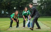 17 September 2014; Irish cricket has been given a multi-million Euro boost thanks to a 10-year sponsorship deal with Indian conglomerate Shanpoorji Pallonji Group. The multinational Indian conglomerate is investing in the future of Irish cricket and will take up naming rights for Cricket Ireland Academy which will now be known as &quot;Shapoorji Pallonji Cricket Ireland Academy&quot;. In addition to holding the naming rights to the Cricket Ireland Academy, Shapoorji Pallonji will also become an official partner of Cricket Ireland. Pictured at the announcement are Minister for Transport, Tourism and Sport Paschal Donohue T.D., with Cricket Ireland Academy players Elena Tice, left, and Fiona Gill. The Pavilion, Trinity College, Dublin. Picture credit: David Maher / SPORTSFILE