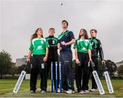 17 September 2014; Irish cricket has been given a multi-million Euro boost thanks to a 10-year sponsorship deal with Indian conglomerate Shanpoorji Pallonji Group. The multinational Indian conglomerate is investing in the future of Irish cricket and will take up naming rights for Cricket Ireland Academy which will now be known as &quot;Shapoorji Pallonji Cricket Ireland Academy&quot;. In addition to holding the naming rights to the Cricket Ireland Academy, Shapoorji Pallonji will also become an official partner of Cricket Ireland. Pictured at the announcement are Ireland International player George Dockrell, centre, with Cricket Ireland Academy players, from left, Elena Tice, Ben White, Fiona Gill and Jack Tector. The Pavilion, Trinity College, Dublin. Picture credit: David Maher / SPORTSFILE