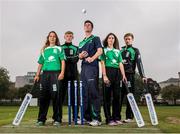 17 September 2014; Irish cricket has been given a multi-million Euro boost thanks to a 10-year sponsorship deal with Indian conglomerate Shanpoorji Pallonji Group. The multinational Indian conglomerate is investing in the future of Irish cricket and will take up naming rights for Cricket Ireland Academy which will now be known as &quot;Shapoorji Pallonji Cricket Ireland Academy&quot;. In addition to holding the naming rights to the Cricket Ireland Academy, Shapoorji Pallonji will also become an official partner of Cricket Ireland. Pictured at the announcement are Ireland International player George Dockrell, centre, with Cricket Ireland Academy players, from left, Elena Tice, Ben White, Fiona Gill and Jack Tector. The Pavilion, Trinity College, Dublin. Picture credit: David Maher / SPORTSFILE