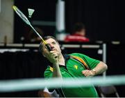 17 September 2014; Team Ireland's Gregory Addlesberger, from Foxford, Co Mayo and a member of Mayo Special Olympics Club, competing in his first match of the Badminton singles event at the Antwerp Expo. 2014 Special Olympics European Games, Antwerp, Belgium. Picture credit: Ray McManus / SPORTSFILE