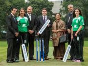 17 September 2014; Irish cricket has been given a multi-million Euro boost thanks to a 10-year sponsorship deal with Indian conglomerate Shanpoorji Pallonji Group. The multinational Indian conglomerate is investing in the future of Irish cricket and will take up naming rights for Cricket Ireland Academy which will now be known as &quot;Shapoorji Pallonji Cricket Ireland Academy&quot;. In addition to holding the naming rights to the Cricket Ireland Academy, Shapoorji Pallonji will also become an official partner of Cricket Ireland. Pictured at the announcement are Minister for Transport, Tourism and Sport Paschal Donohue T.D., centre, with the Indian Ambassador to Ireland Radhika Lokesk, third from right, Jai Mavani, left, Executive Director, Shapoorji, Warren Deutrom, third from left, Cricket Ireland Chief Executive, Vasant Sanzgiri, second from right, Head of Human Resources, Shapoorji Pallonji, and Academy players Elena Tice and Fiona Gill. The Pavilion, Trinity College, Dublin. Picture credit: David Maher / SPORTSFILE