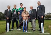 17 September 2014; Irish cricket has been given a multi-million Euro boost thanks to a 10-year sponsorship deal with Indian conglomerate Shanpoorji Pallonji Group. The multinational Indian conglomerate is investing in the future of Irish cricket and will take up naming rights for Cricket Ireland Academy which will now be known as &quot;Shapoorji Pallonji Cricket Ireland Academy&quot;. In addition to holding the naming rights to the Cricket Ireland Academy, Shapoorji Pallonji will also become an official partner of Cricket Ireland. Pictured at the announcement are Indian Ambassador to Ireland Radhika Lokesk, with from left, Jai Mavani, Executive Director, Shapoorji Pallonji, Acadamy player Jack Tector, Irish International player George Dockrell, Joe Doherty, President of Cricket Ireland and Vasant Sanzgiri, Head of Human Resources, Shapoorji Pallonji. The Pavilion, Trinity College, Dublin. Picture credit: David Maher / SPORTSFILE