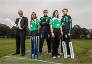 17 September 2014; Irish cricket has been given a multi-million Euro boost thanks to a 10-year sponsorship deal with Indian conglomerate Shanpoorji Pallonji Group. The multinational Indian conglomerate is investing in the future of Irish cricket and will take up naming rights for Cricket Ireland Academy which will now be known as &quot;Shapoorji Pallonji Cricket Ireland Academy&quot;. In addition to holding the naming rights to the Cricket Ireland Academy, Shapoorji Pallonji will also become an official partner of Cricket Ireland. Pictured at the announcement are, from left, Warren Deutrom, Cricket Ireland Chief Executive, with Cricket Ireland Academy players Elena Tice, Ben White, Fiona Gill and Jack Tector. The Pavilion, Trinity College, Dublin. Picture credit: David Maher / SPORTSFILE