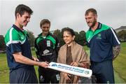 17 September 2014; Irish cricket has been given a multi-million Euro boost thanks to a 10-year sponsorship deal with Indian conglomerate Shanpoorji Pallonji Group. The multinational Indian conglomerate is investing in the future of Irish cricket and will take up naming rights for Cricket Ireland Academy which will now be known as &quot;Shapoorji Pallonji Cricket Ireland Academy&quot;. In addition to holding the naming rights to the Cricket Ireland Academy, Shapoorji Pallonji will also become an official partner of Cricket Ireland. Pictured at the announcement are Indian Ambassador to Ireland Radhika Lokesk with Irish International players, from left, George Dockrell and John Mooney with Cricket Ireland Academy player Jack Tector. The Pavilion, Trinity College, Dublin. Picture credit: David Maher / SPORTSFILE