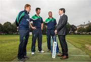 17 September 2014; Irish cricket has been given a multi-million Euro boost thanks to a 10-year sponsorship deal with Indian conglomerate Shanpoorji Pallonji Group. The multinational Indian conglomerate is investing in the future of Irish cricket and will take up naming rights for Cricket Ireland Academy which will now be known as &quot;Shapoorji Pallonji Cricket Ireland Academy&quot;. In addition to holding the naming rights to the Cricket Ireland Academy, Shapoorji Pallonji will also become an official partner of Cricket Ireland. Pictured at the announcement are, from left, Ireland International players Kevin O'Brien, George Dockrell and John Mooney with Minister for Transport Tourism and Sport Paschal Donohue T.D. The Pavilion, Trinity College, Dublin. Picture credit: David Maher / SPORTSFILE