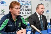 17 September 2014; Irish cricket has been given a multi-million Euro boost thanks to a 10-year sponsorship deal with Indian conglomerate Shanpoorji Pallonji Group. The multinational Indian conglomerate is investing in the future of Irish cricket and will take up naming rights for Cricket Ireland Academy which will now be known as &quot;Shapoorji Pallonji Cricket Ireland Academy&quot;. In addition to holding the naming rights to the Cricket Ireland Academy, Shapoorji Pallonji will also become an official partner of Cricket Ireland. Speaking at the announcement is Richard Holdsworth, Cricket Ireland Performance Director, while Kevin O'Brien, Ireland international, left, looks on. The Pavilion, Trinity College, Dublin. Picture credit: David Maher / SPORTSFILE