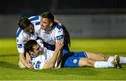 17 September 2014; Gareth Harkin, Finn Harps, on the ground, celebrates with team-mates Ciaran Coll and  Kevin McHugh, left, after scoring his side's first goal. FAI Ford Cup Quarter-Final Replay, Finn Harps v Avondale United. Finn Park, Ballybofey, Co. Donegal. Picture credit: Oliver McVeigh / SPORTSFILE