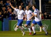 17 September 2014; Kevin McHugh, Finn Harps, left, celebrates with team-mates Damien McNulty and Pat McCann, right, after scoring his side's fourth goal. FAI Ford Cup Quarter-Final Replay, Finn Harps v Avondale United. Finn Park, Ballybofey, Co. Donegal. Picture credit: Oliver McVeigh / SPORTSFILE