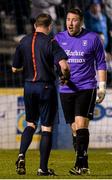 17 September 2014; Avondale United goalkeeper Danny O'Leary remonstrates with referee Ray Matthews after he was shown a red card in the second half. FAI Ford Cup Quarter-Final Replay, Finn Harps v Avondale United. Finn Park, Ballybofey, Co. Donegal. Picture credit: Oliver McVeigh / SPORTSFILE