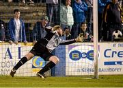 17 September 2014; Avondale United manager and substitute goalkeeper David O'Keefe fails to keep out the penatly from Kevin McHugh, Finn Harps. O'Keefe replaced first choice goalkeeper Danny O'Leary after he received a red card from referee Ray Matthews, resulting in the penalty. FAI Ford Cup Quarter-Final Replay, Finn Harps v Avondale United. Finn Park, Ballybofey, Co. Donegal. Picture credit: Oliver McVeigh / SPORTSFILE