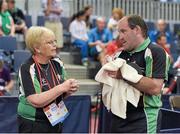 17 September 2014; Team Ireland's Paul Carrol, from Dunleer, Co. Louth, with the Table Tennis head coach, Phyllis Naughton, during the singles event of the table tennis at the Antwerp Expo. Paul defeated Louis Poulin, of Belgium, 11-8 and 11-5 in his opening game. 2014 Special Olympics European Games, Antwerp, Belgium. Picture credit: Ray McManus / SPORTSFILE