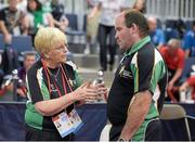 17 September 2014; Team Ireland's Paul Carrol, from Dunleer, Co. Louth, with the Table Tennis head coach, Phyllis Naughton, during the singles event of the table tennis at the Antwerp Expo. Paul defeated Louis Poulin, of Belgium, 11-8 and 11-5 in his opening game. 2014 Special Olympics European Games, Antwerp, Belgium. Picture credit: Ray McManus / SPORTSFILE