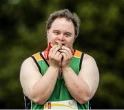 18 September 2014; Team Ireland's Paul Gordon, from Omagh, Co. Tyrone, and a member of Star Breakers Special Olympics Club, reacts after being presented with a Gold Medal in the 100m event at the Den UYT Sports Centre. 2014 Special Olympics European Games, Antwerp, Belgium. Picture credit: Ray McManus / SPORTSFILE