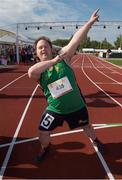 18 September 2014; Team Ireland's Paul Gordon, from Omagh, Co. Tyrone, and a member of Star Breakers Special Olympics Club, strikes a 'Usain Bolt' pose after winning a Gold Medal in the 100m event at the Den UYT Sports Centre. 2014 Special Olympics European Games, Antwerp, Belgium. Picture credit: Ray McManus / SPORTSFILE