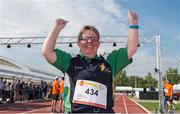 18 September 2014; Team Ireland's Philomena Doherty, from Castlefin Co. Donegal, celebrates after winning a Silver Medal in the 100m walk event at the Den UYT Sports Centre. 2014 Special Olympics European Games, Antwerp, Belgium. Picture credit: Ray McManus / SPORTSFILE