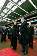 11 February 2007; President Mary McAleese, accompanied by Peter Boyle, President of the Irish Rugby Football Union, and her husband Martin McAleese, right, stands for the Presidential Salute. RBS Six Nations Rugby Championship, Ireland v France, Croke Park, Dublin. Picture Credit: Brendan Moran / SPORTSFILE