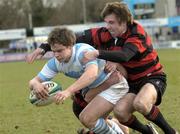 14 February 2007; Conor Crowley, Blackrock College, goes over for his try despite the tackles of Michael D'Alton and Ben Braithwaite, Kilkenny College. Leinster Schools Cup Quarter-Final, Kilkenny College v Blackrock College, Donnybrook, Dublin. Picture credit: Matt Browne / SPORTSFILE