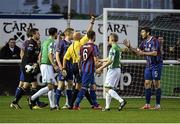 19 September 2014; Referee Paul Tuite shows the red card to Ken Oman,  St Patrick's Athletic, right. SSE Airtricity League Premier Division, Bray Wanderers v St Patrick's Athletic. Carlisle Grounds, Bray, Co. Wicklow. Picture credit: David Maher / SPORTSFILE