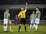 19 September 2014; Referee Paul Tuite shows the yellow card to Niall Cooney, Bray Wanderers, after awarding a goal to St Patrick's Athletic's Chris Forrester. SSE Airtricity League Premier Division, Bray Wanderers v St Patrick's Athletic. Carlisle Grounds, Bray, Co. Wicklow. Picture credit: David Maher / SPORTSFILE