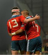 19 September 2014; Simon Zebo, Munster, is congratulated by team-mate Andrew Smith, after scoring his side's first try. Guinness PRO12, Round 3, Munster v Zebre. Thomond Park, Limerick. Picture credit: Diarmuid Greene / SPORTSFILE