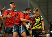 19 September 2014; Simon Zebo, Munster, is congratulated by team-mates Felix Jones and Andrew Smith after scoring his side's first try.Guinness PRO12, Round 3, Munster v Zebre. Thomond Park, Limerick. Picture credit: Diarmuid Greene / SPORTSFILE