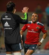 19 September 2014; Simon Zebo, Munster, is congratulated by team-mate Donncha O'Callaghan, after scoring his and his side's third try.Guinness PRO12, Round 3, Munster v Zebre. Thomond Park, Limerick. Picture credit: Diarmuid Greene / SPORTSFILE