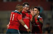 19 September 2014; Simon Zebo, Munster, is congratulated by team-mates Robin Copeland and Conor Murray, after scoring his and his side's third try. Guinness PRO12, Round 3,  Munster v Zebre. Thomond Park, Limerick. Picture credit: Diarmuid Greene / SPORTSFILE