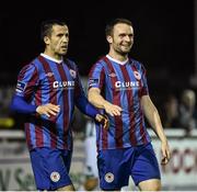 19 September 2014; Conan Byrne, right, St Patrick's Athletic, celebrates after scoring his side's third goal with team-mate Keith Fahey. SSE Airtricity League Premier Division, Bray Wanderers v St Patrick's Athletic. Carlisle Grounds, Bray, Co. Wicklow. Picture credit: David Maher / SPORTSFILE