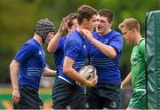 20 September 2014; Conor Nash, Leinster, is congratulated by team-mates Conor Hand, right, and Conor Farrell after scoring his side's fourth try. Under 18 Club Interprovincial, Leinster v Connacht. Naas RFC, Naas, Co. Kildare. Picture credit: Stephen McCarthy / SPORTSFILE