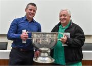 20 September 2014; Dara Ó Cinnéide is the latest to feature on the Bord Gáis Energy Legends Tour Series 2014 when he gave a unique tour of the Croke Park stadium and facilities this week. Pictured is Dara Ó Cinnéide with Jack Stewart from Valentia, Co. Kerry, and the Sam Maguire cup. Croke Park, Dublin. Photo by Sportsfile