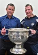 20 September 2014; Dara Ó Cinnéide is the latest to feature on the Bord Gáis Energy Legends Tour Series 2014 when he gave a unique tour of the Croke Park stadium and facilities this week. Pictured is Dara Ó Cinnéide and the Sam Maguire Cup with Mark Blener Hassett from Killarney, Co. Kerry . Croke Park, Dublin. Photo by Sportsfile