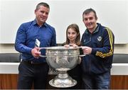 20 September 2014; Dara Ó Cinnéide is the latest to feature on the Bord Gáis Energy Legends Tour Series 2014 when he gave a unique tour of the Croke Park stadium and facilities this week. Pictured is Dara Ó Cinnéide and the Sam Maguire Cup with William and Cliona Daughton from Tralee, Co. Kerry. Croke Park, Dublin. Picture credit: Paul Mohan / SPORTSFILE