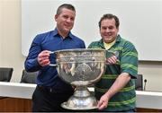 20 September 2014; Dara Ó Cinnéide is the latest to feature on the Bord Gáis Energy Legends Tour Series 2014 when he gave a unique tour of the Croke Park stadium and facilities this week. Pictured is Dara Ó Cinnéide and the Sam Maguire Cup with Dermot Shanahan from Milltown, Co. Kerry. Croke Park, Dublin. Picture credit: Paul Mohan / SPORTSFILE