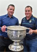 20 September 2014; Dara Ó Cinnéide is the latest to feature on the Bord Gáis Energy Legends Tour Series 2014 when he gave a unique tour of the Croke Park stadium and facilities this week. Pictured is Dara Ó Cinnéide and the Sam Maguire Cup with Michael Shanahan from Milltown, Co. Kerry. Croke Park, Dublin. Photo by Sportsfile