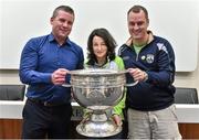 20 September 2014; Dara Ó Cinnéide is the latest to feature on the Bord Gáis Energy Legends Tour Series 2014 when he gave a unique tour of the Croke Park stadium and facilities this week. Pictured is Dara Ó Cinnéide and the Sam Maguire Cup with Shane and Maura Shanahan from Milltown, Co. Kerry. Croke Park, Dublin. Photo by Sportsfile