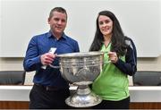 20 September 2014; Dara Ó Cinnéide is the latest to feature on the Bord Gáis Energy Legends Tour Series 2014 when he gave a unique tour of the Croke Park stadium and facilities this week. Pictured is Dara Ó Cinnéide and the Sam Maguire Cup with Claire McCaul from Belfast, Co. Antrim. Croke Park, Dublin. Photo by Sportsfile