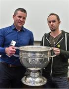 20 September 2014; Dara Ó Cinnéide is the latest to feature on the Bord Gáis Energy Legends Tour Series 2014 when he gave a unique tour of the Croke Park stadium and facilities this week. Pictured is Dara Ó Cinnéide and the Sam Maguire Cup with Ed Lyne from Killarney, Co. Kerry. Croke Park, Dublin. Photo by Sportsfile