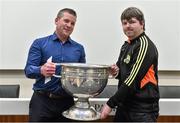 20 September 2014; Dara Ó Cinnéide is the latest to feature on the Bord Gáis Energy Legends Tour Series 2014 when he gave a unique tour of the Croke Park stadium and facilities this week. Pictured is Dara Ó Cinnéide and the Sam Maguire Cup with Brendan Falvey from Ballymacelligott, Co. Kerry. Croke Park, Dublin. Photo by Sportsfile