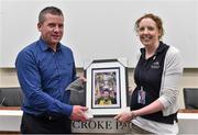 20 September 2014; Dara Ó Cinnéide is the latest to feature on the Bord Gáis Energy Legends Tour Series 2014 when he gave a unique tour of the Croke Park stadium and facilities this week. Pictured isSiobhan Doyle from Croke Park making a presentation to Dara Ó Cinnéide. Croke Park, Dublin. Photo by Sportsfile