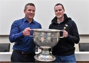 20 September 2014; Dara Ó Cinnéide is the latest to feature on the Bord Gáis Energy Legends Tour Series 2014 when he gave a unique tour of the Croke Park stadium and facilities this week. Pictured is Dara Ó Cinnéide and the Sam Maguire Cup with Sean Clancy from Clare. Croke Park, Dublin. Photo by Sportsfile