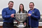 20 September 2014; Dara Ó Cinnéide is the latest to feature on the Bord Gáis Energy Legends Tour Series 2014 when he gave a unique tour of the Croke Park stadium and facilities this week. Pictured is Dara Ó Cinnéide and the Sam Maguire Cup with Colin and Jennifer Myers from Killarney, Co. Kerry. Croke Park, Dublin. Photo by Sportsfile