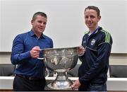 20 September 2014; Dara Ó Cinnéide is the latest to feature on the Bord Gáis Energy Legends Tour Series 2014 when he gave a unique tour of the Croke Park stadium and facilities this week. Pictured is Dara Ó Cinnéide and the Sam Maguire Cup with Pearse Kirby from Ballinskelligs, Co. Kerry. Croke Park, Dublin. Photo by Sportsfile