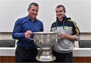 20 September 2014; Dara Ó Cinnéide is the latest to feature on the Bord Gáis Energy Legends Tour Series 2014 when he gave a unique tour of the Croke Park stadium and facilities this week. Pictured is Dara Ó Cinnéide and the Sam Maguire Cup with Bernard Kelly from Ballinskelligs, Co. Kerry. Croke Park, Dublin. Photo by Sportsfile