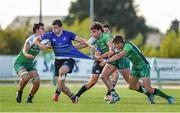 20 September 2014; Nick Timoney, Leinster, is tackled by Stephen McVeigh, left, Conor Kyne, and Ben Ridgeway, right, Connacht. Under 20 Interprovincial, Connacht v Leinster. The Sportsground, Galway. Picture credit: Diarmuid Greene / SPORTSFILE