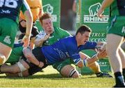 20 September 2014; Josh Murphy, Leinster, scores a try despite the efforts of Cormac Nugent, Connacht. Under 20 Interprovincial, Connacht v Leinster. The Sportsground, Galway. Picture credit: Diarmuid Greene / SPORTSFILE