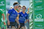 20 September 2014; Conor Oliver, Leinster, left, is congratulated by team-mate Charlie Rock, after scoring his side's sixth try. Under 20 Interprovincial, Connacht v Leinster. The Sportsground, Galway. Picture credit: Diarmuid Greene / SPORTSFILE