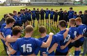 20 September 2014; Leinster head coach Hugh Hogan speaks to his players after the game. Under 19 Interprovincial, Connacht v Leinster. The Sportsground, Galway. Picture credit: Diarmuid Greene / SPORTSFILE