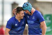 20 September 2014; Jake Howlett, Leinster, left, is congratulated by team-mate Will Connors, after he scored a late try. Under 19 Interprovincial, Connacht v Leinster. The Sportsground, Galway. Picture credit: Diarmuid Greene / SPORTSFILE