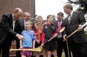 13 February 2007; At a media conference ahead of the opening games of the 2007 Allianz National Hurling League are, from left, Ger Loughnane, Galway hurling manager, Nickey Brennan, President of the GAA, Michael 'Babs' Keating, Tipperary hurling manager, Gerald McCarthy, Cork Hurling manager, with young hurlers Daniel Coen, Sandyford, and Eoin and Eilis Murphy, Rathfarnham. Berkeley Court Hotel, Dublin. Photo by Sportsfile